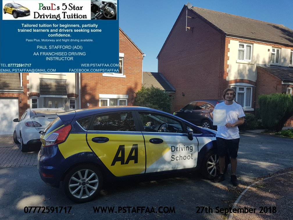 Liam Conway first time driving test pass in hereford witrh Paul's 5 Star driving Tuition